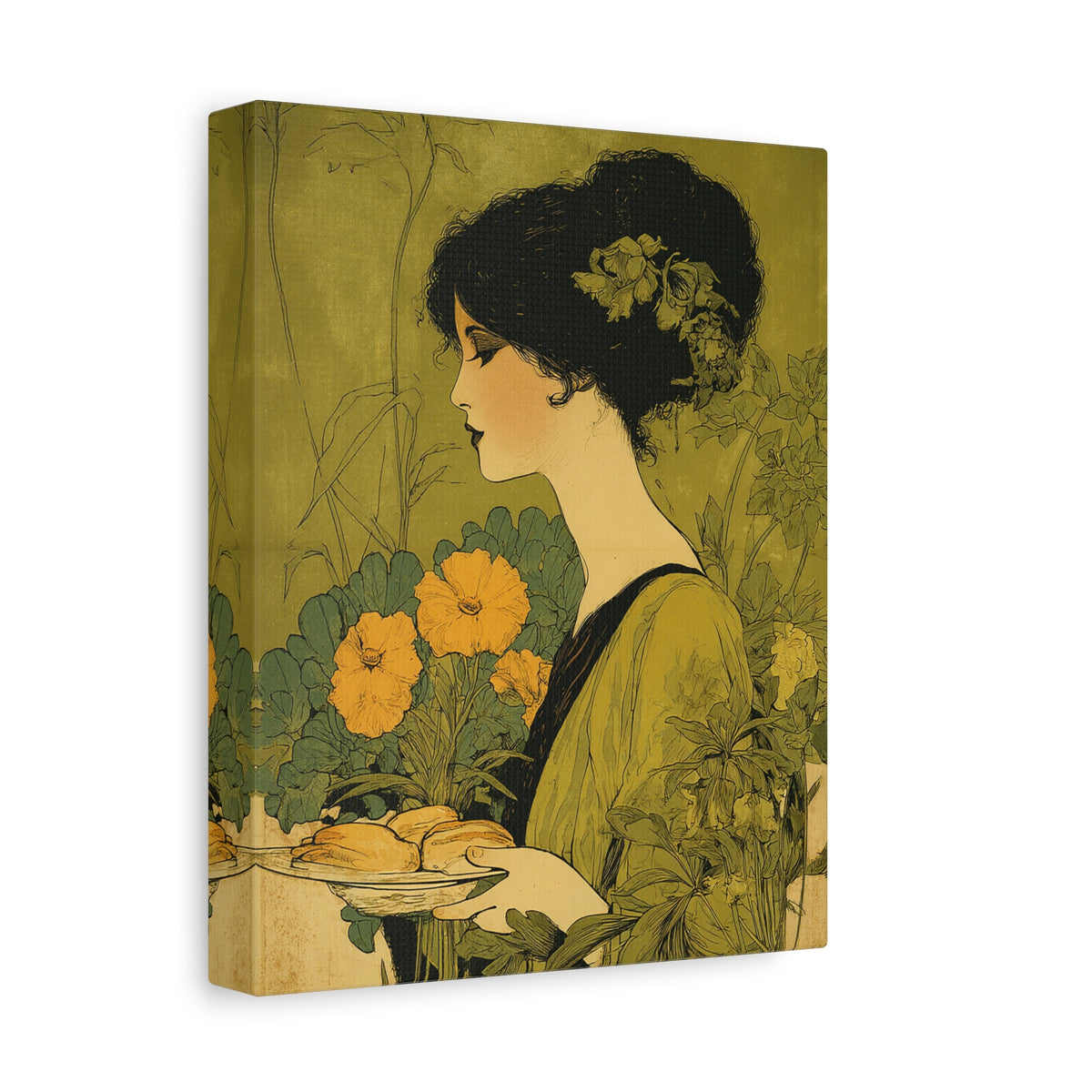 Vintage Art Nouveau Woman Canvas Print — Floral Portrait Matte Stretched Wall Art