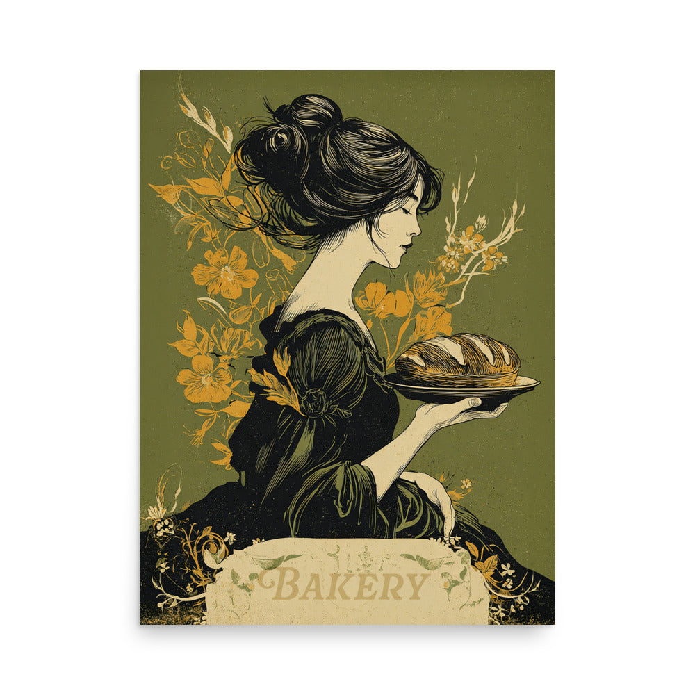 Art Nouveau illustration of a redheaded woman holding a bowl of fruit and wheat under a starry teal sky, baking glamour kitchen wall art with a text "BAKERY"