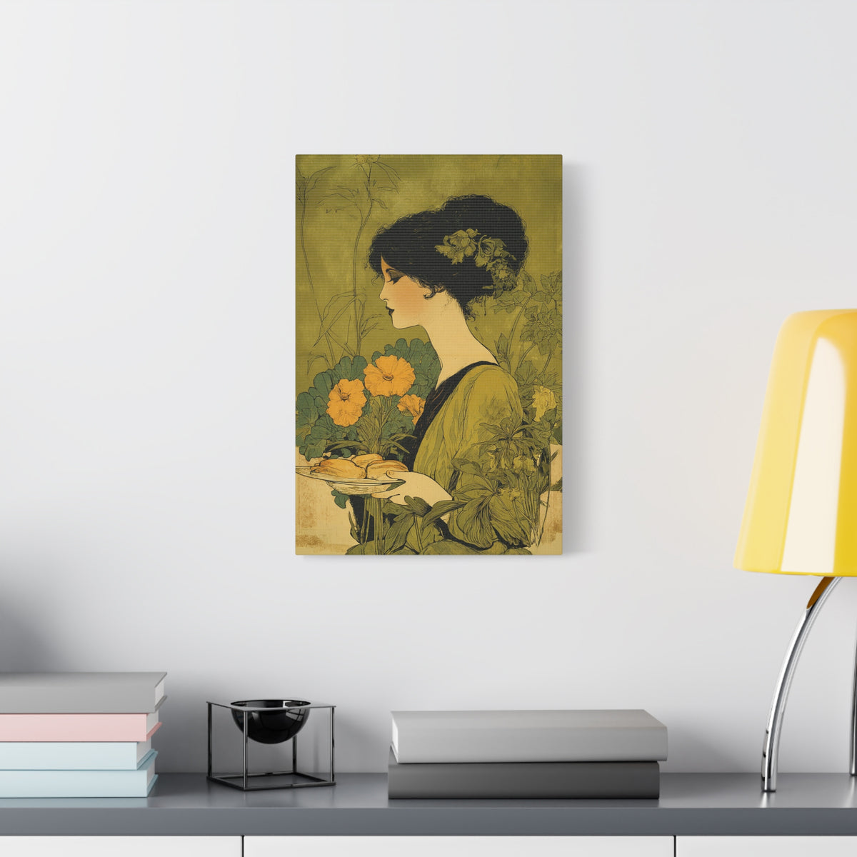 Vintage Art Nouveau Woman Canvas Print — Floral Portrait Matte Stretched Wall Art