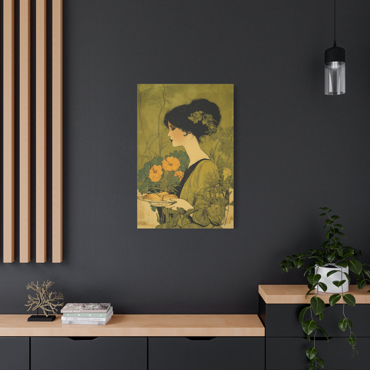 Vintage Art Nouveau Woman Canvas Print — Floral Portrait Matte Stretched Wall Art