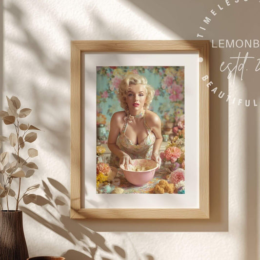A framed art print featuring a retro-style portrait of Marilyn Monroe in a kitchen scene, displayed on a wooden shelf next to a dark vase with dried leaves. The print is housed in a light wood frame with a white mat, set against a warm beige wall with soft leaf shadows cast across it.