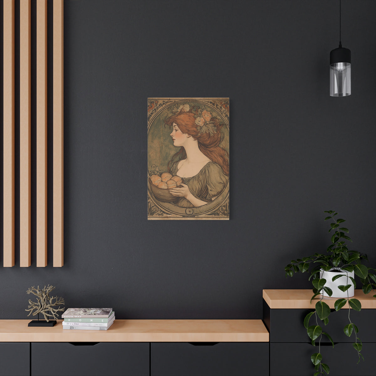 Vintage Art Nouveau Woman Canvas Print — Floral Portrait Matte Stretched Wall Art