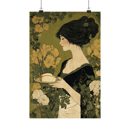 Art Nouveau Lady with Marigolds Matte Vertical Poster | Vintage Floral Portrait