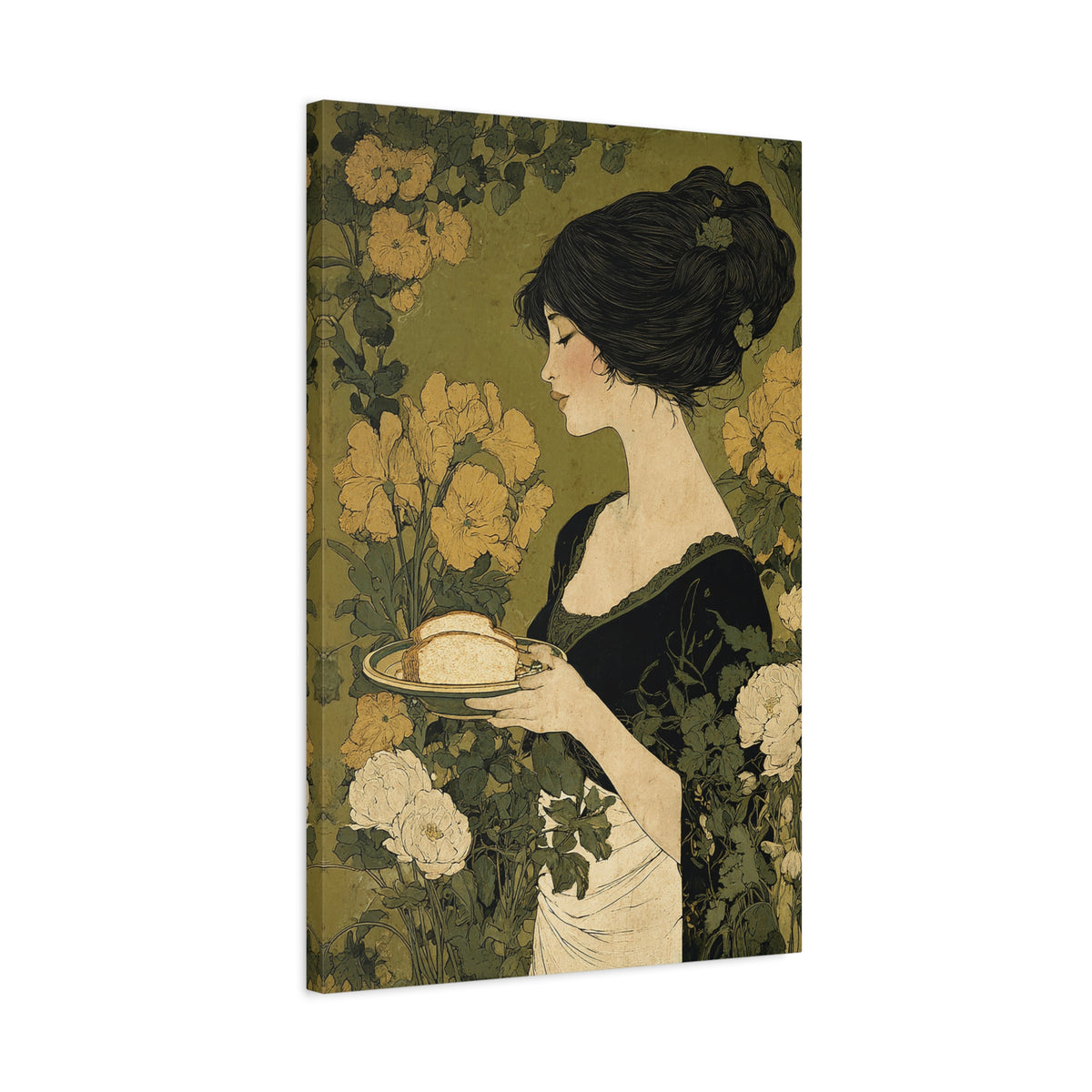 Vintage Art Nouveau Woman Canvas Print — Floral Portrait Matte Stretched Wall Art