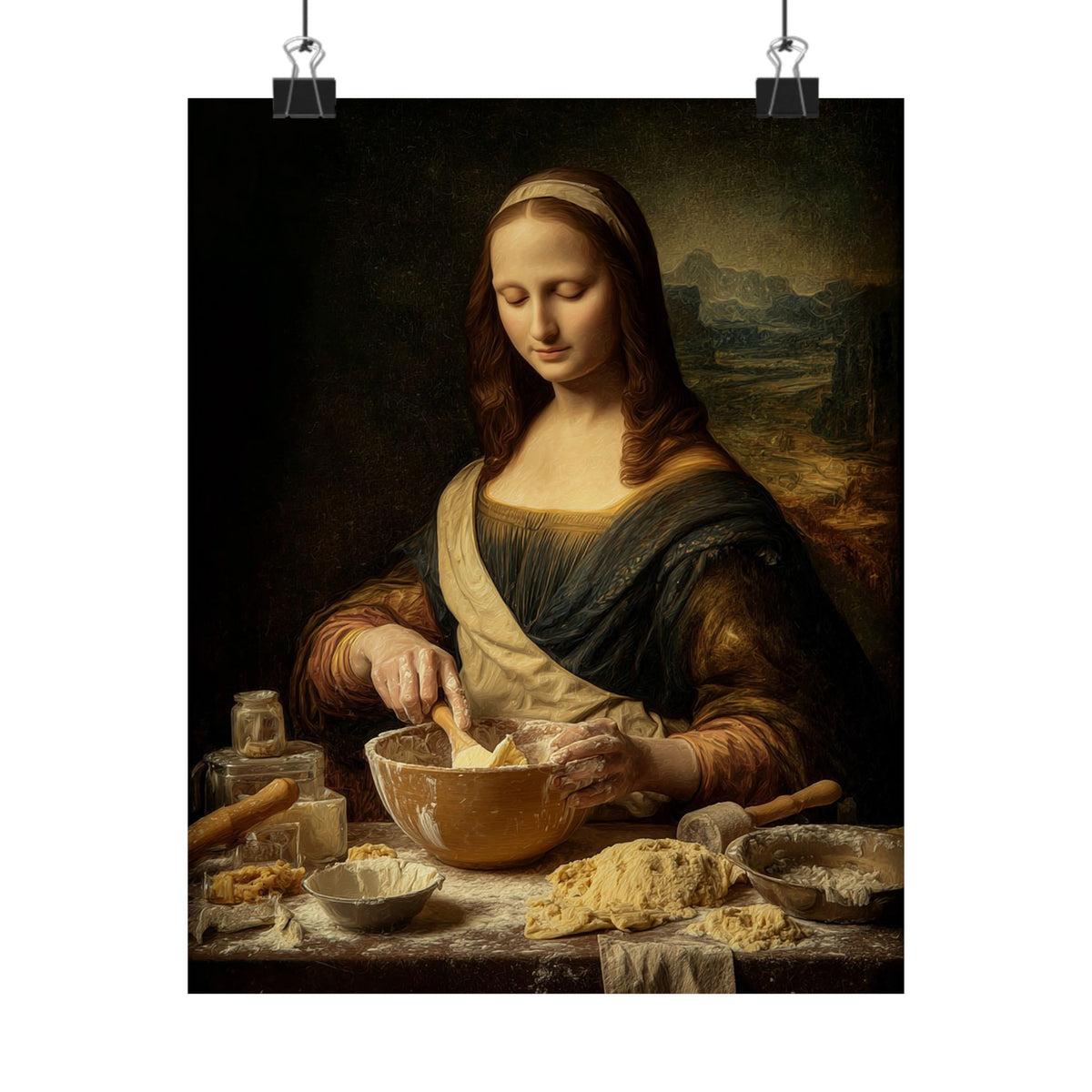 Mona Lisa Bakes Poster | Funny Renaissance Kitchen & Baking Wall Art