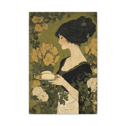 Vintage Art Nouveau Woman Canvas Print — Floral Portrait Matte Stretched Wall Art