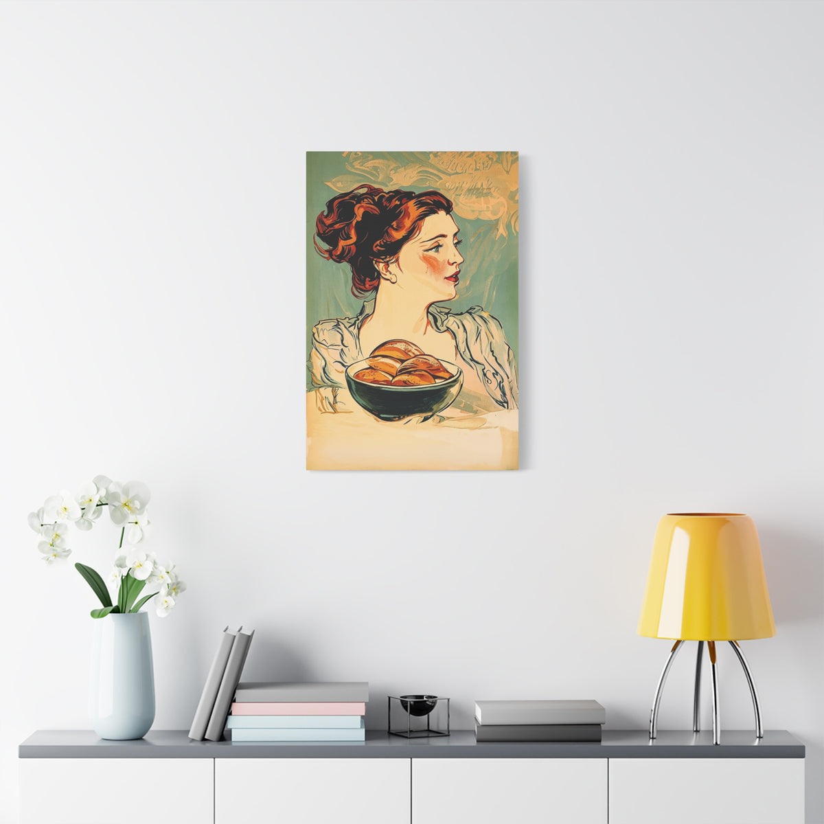 Vintage Art Nouveau Woman Canvas Print — Floral Portrait Matte Stretched Wall Art