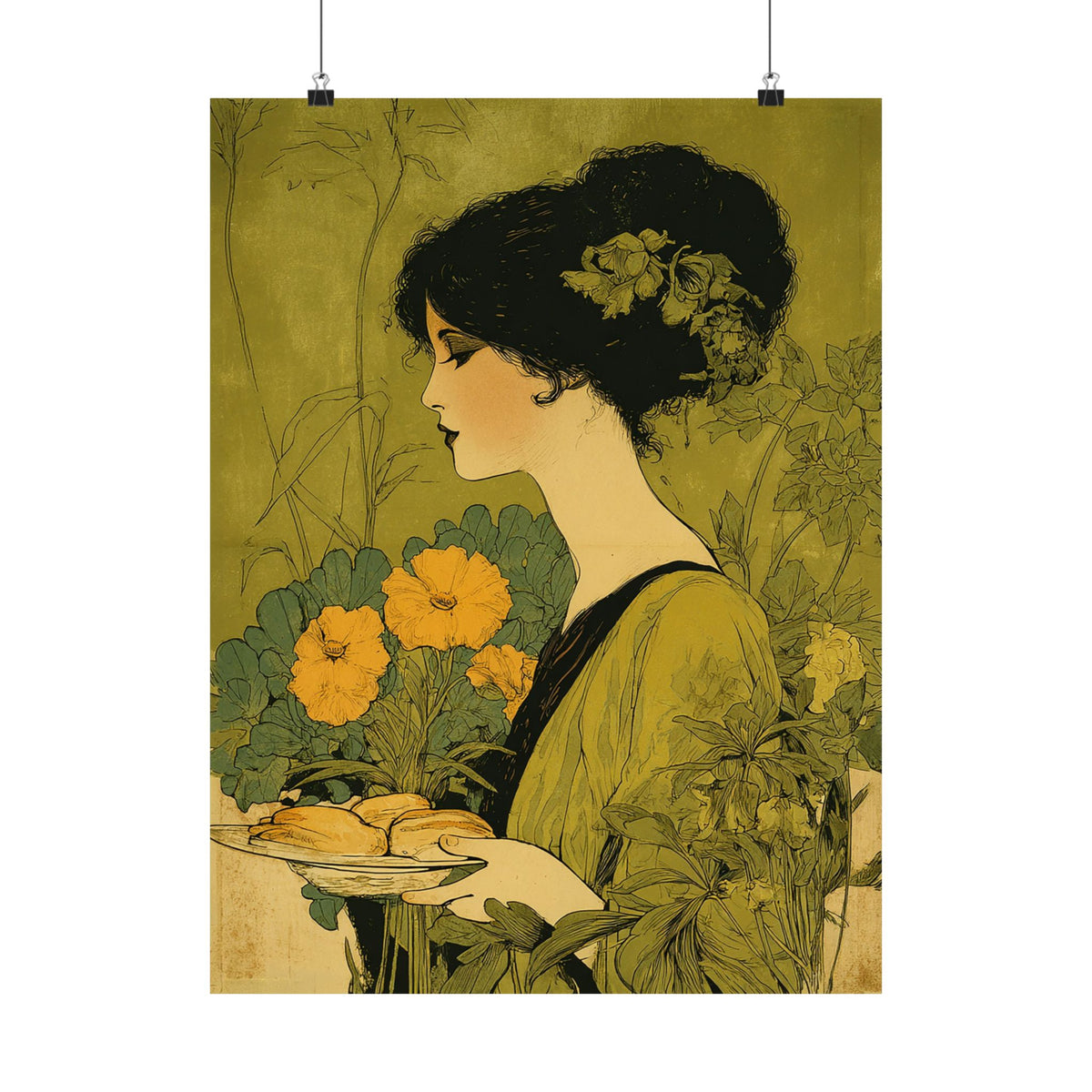 Art Nouveau Baker Poster – Vintage Kitchen Wall Art, Baking & Bakery Decor, Floral Woman Art Print
