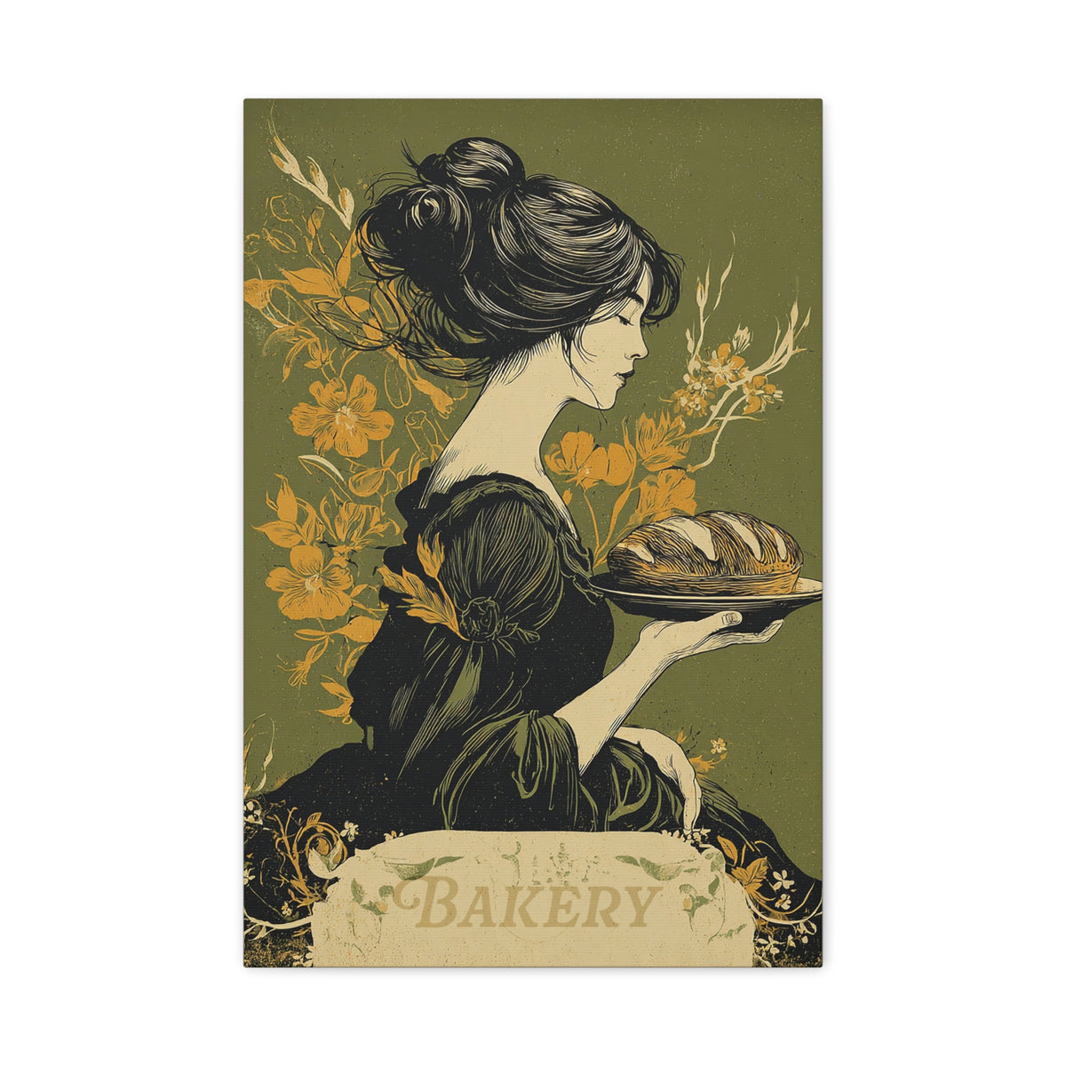 Vintage Art Nouveau Woman Canvas Print — Floral Portrait Matte Stretched Wall Art