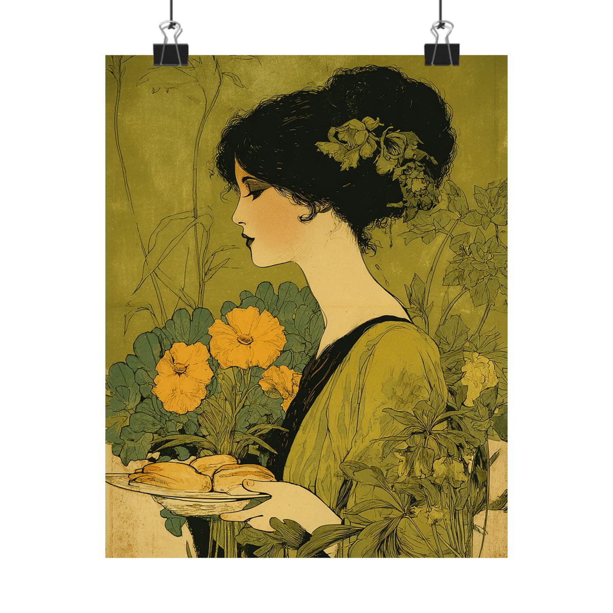 An Art Nouveau style poster print hanging from two black binder clips against a white background. The illustration depicts a woman in profile with dark hair adorned with flowers, holding a plate of pastries, surrounded by yellow flowers and green foliage, in a muted olive-green and beige palette.