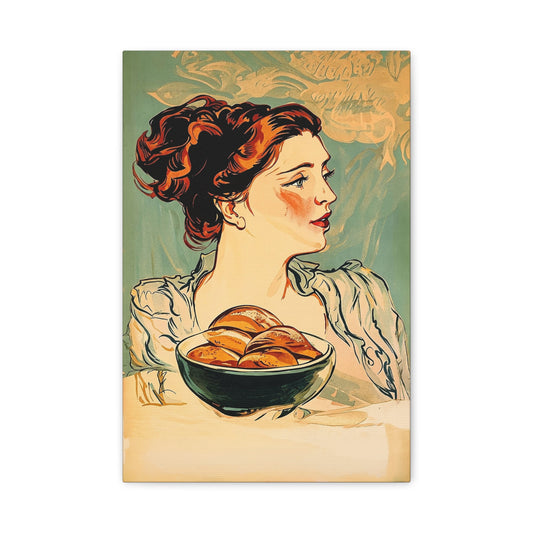 Vintage Art Nouveau Woman Canvas Print — Floral Portrait Matte Stretched Wall Art
