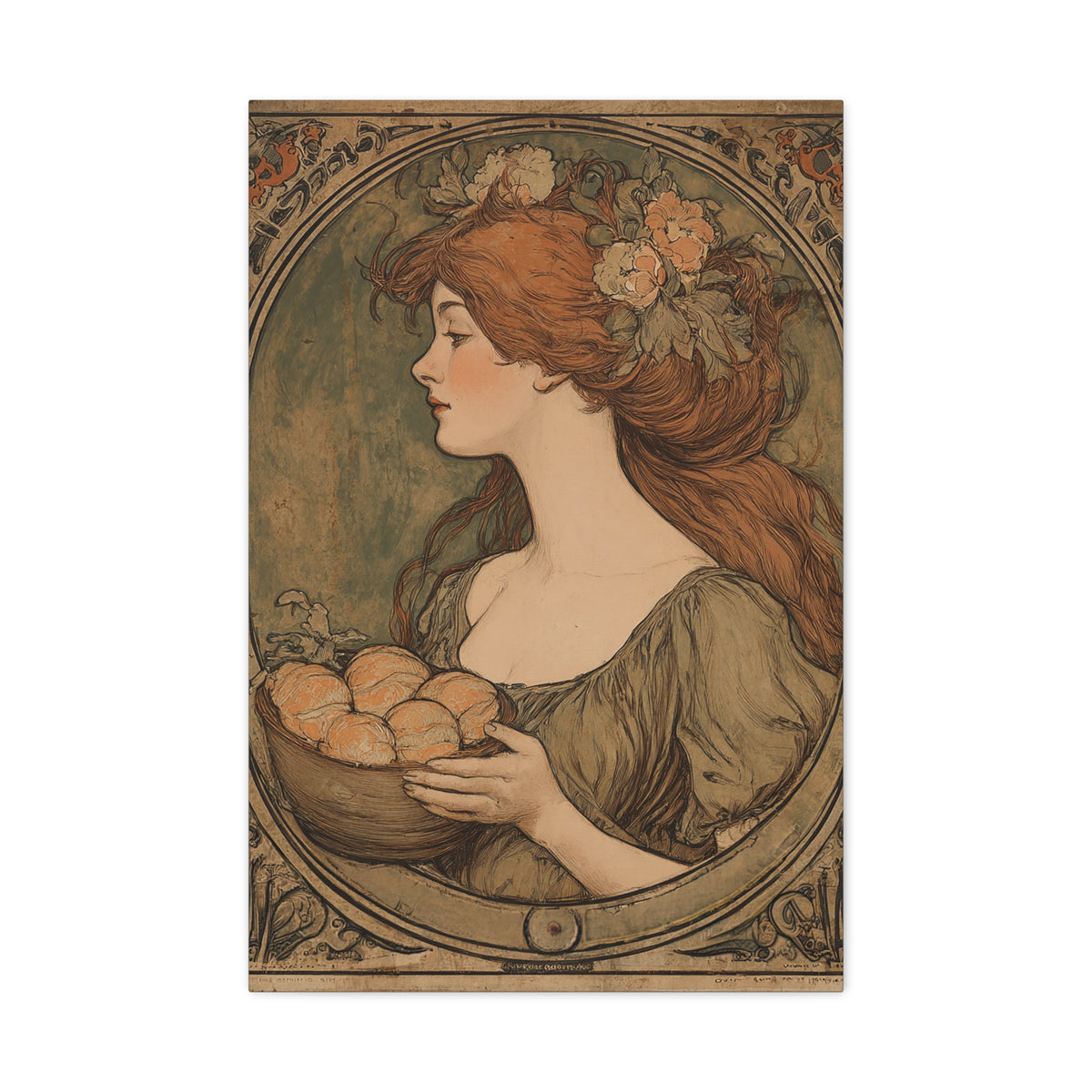 Vintage Art Nouveau Woman Canvas Print — Floral Portrait Matte Stretched Wall Art