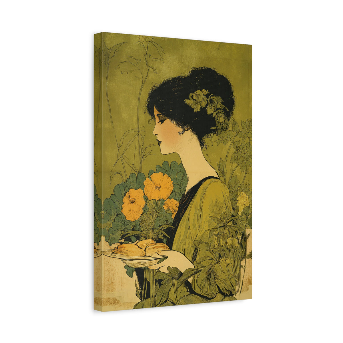Vintage Art Nouveau Woman Canvas Print — Floral Portrait Matte Stretched Wall Art