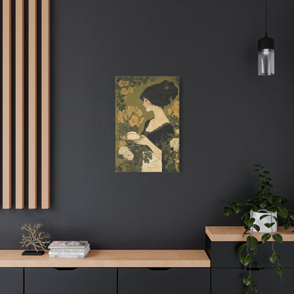 Vintage Art Nouveau Woman Canvas Print — Floral Portrait Matte Stretched Wall Art