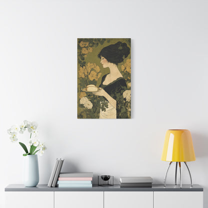 Vintage Art Nouveau Woman Canvas Print — Floral Portrait Matte Stretched Wall Art