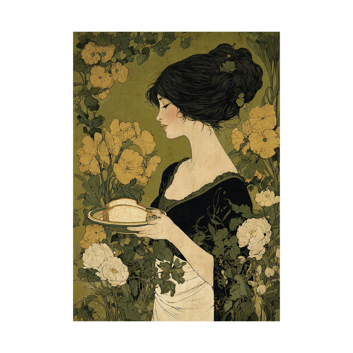 Art Nouveau Lady with Marigolds Matte Vertical Poster | Vintage Floral Portrait