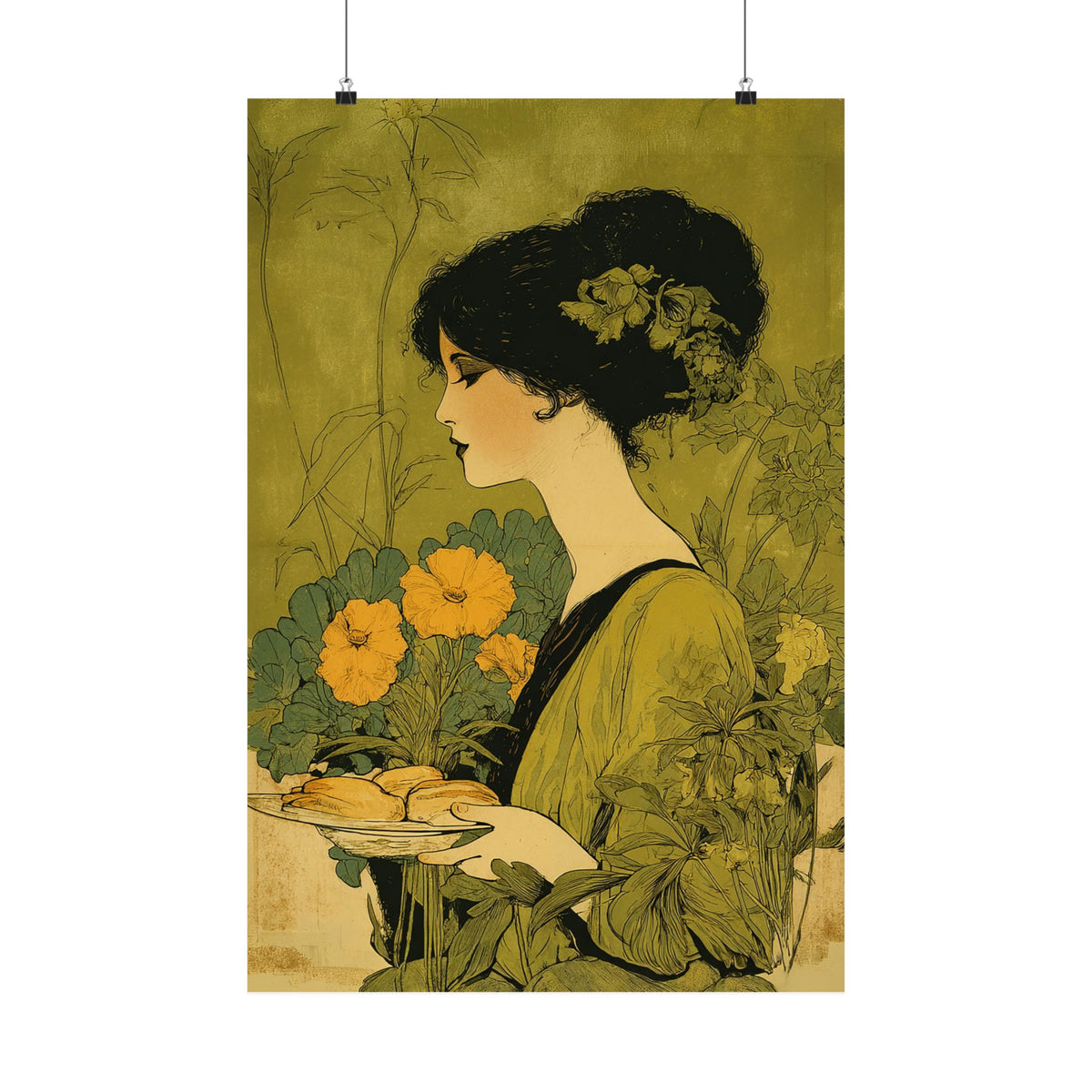 Art Nouveau Baker Poster – Vintage Kitchen Wall Art, Baking & Bakery Decor, Floral Woman Art Print