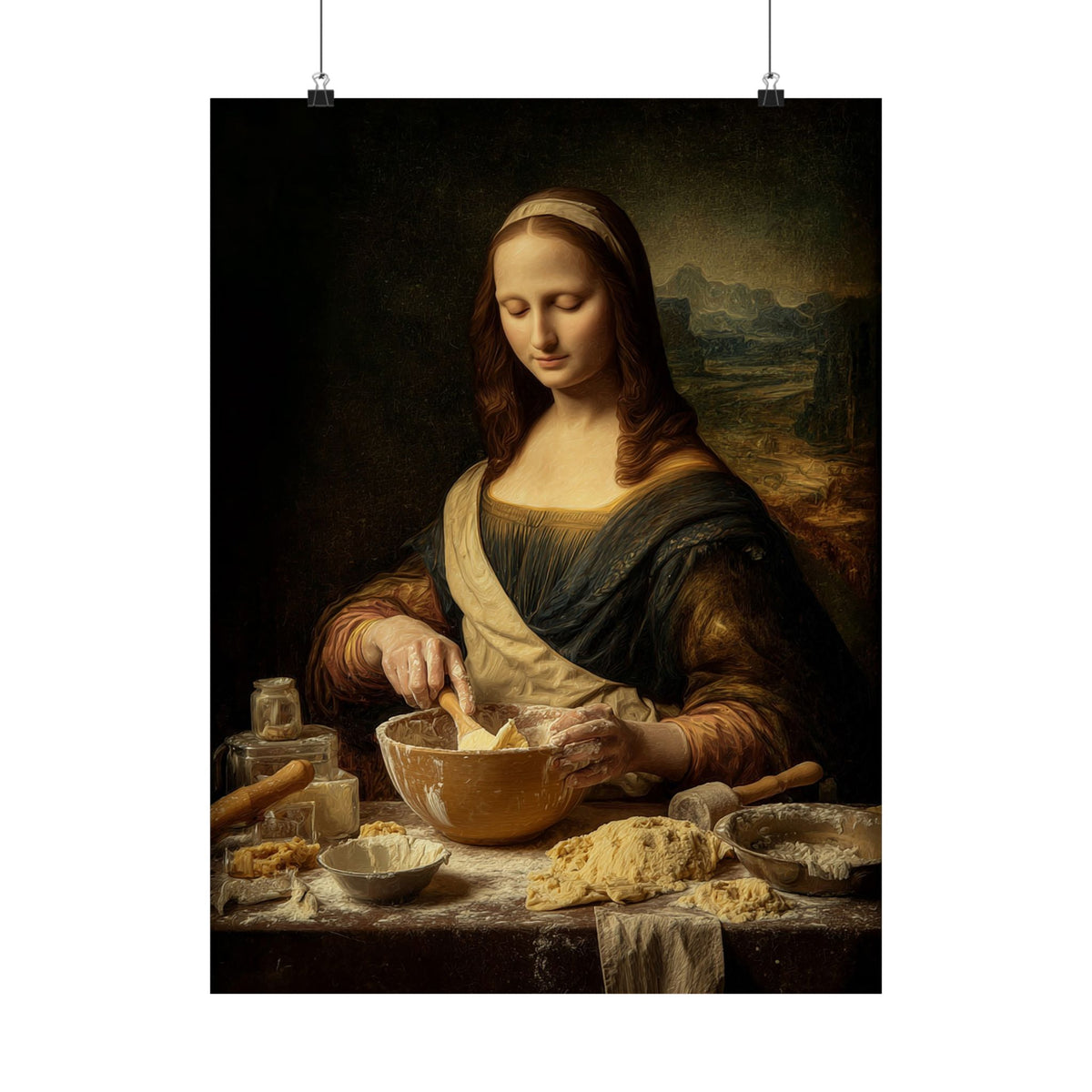 Mona Lisa Bakes Poster | Funny Renaissance Kitchen & Baking Wall Art