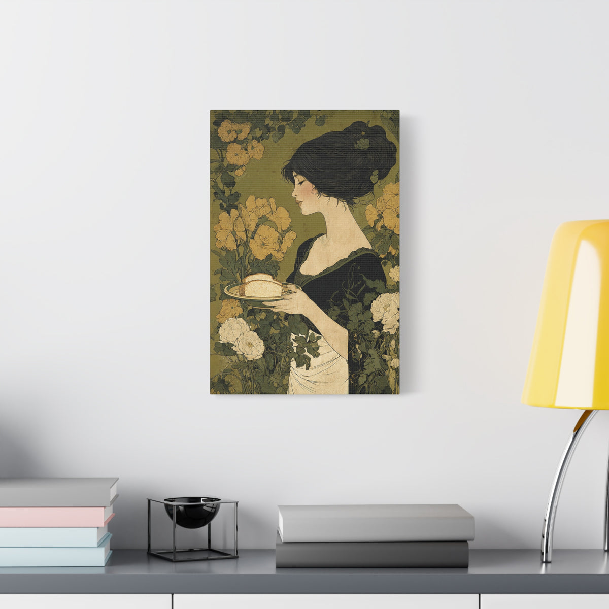 Vintage Art Nouveau Woman Canvas Print — Floral Portrait Matte Stretched Wall Art