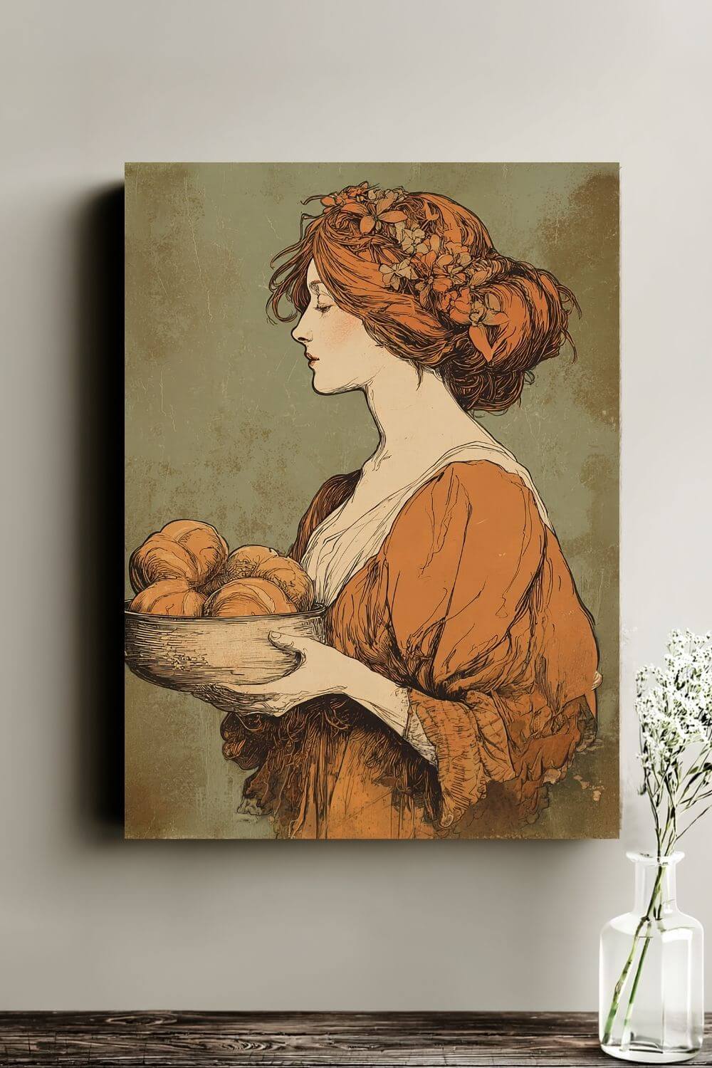 The Harvest Baker Canvas | Vintage Kitchen Wall Art & Cottagecore Print | Vintage Floral Portrait