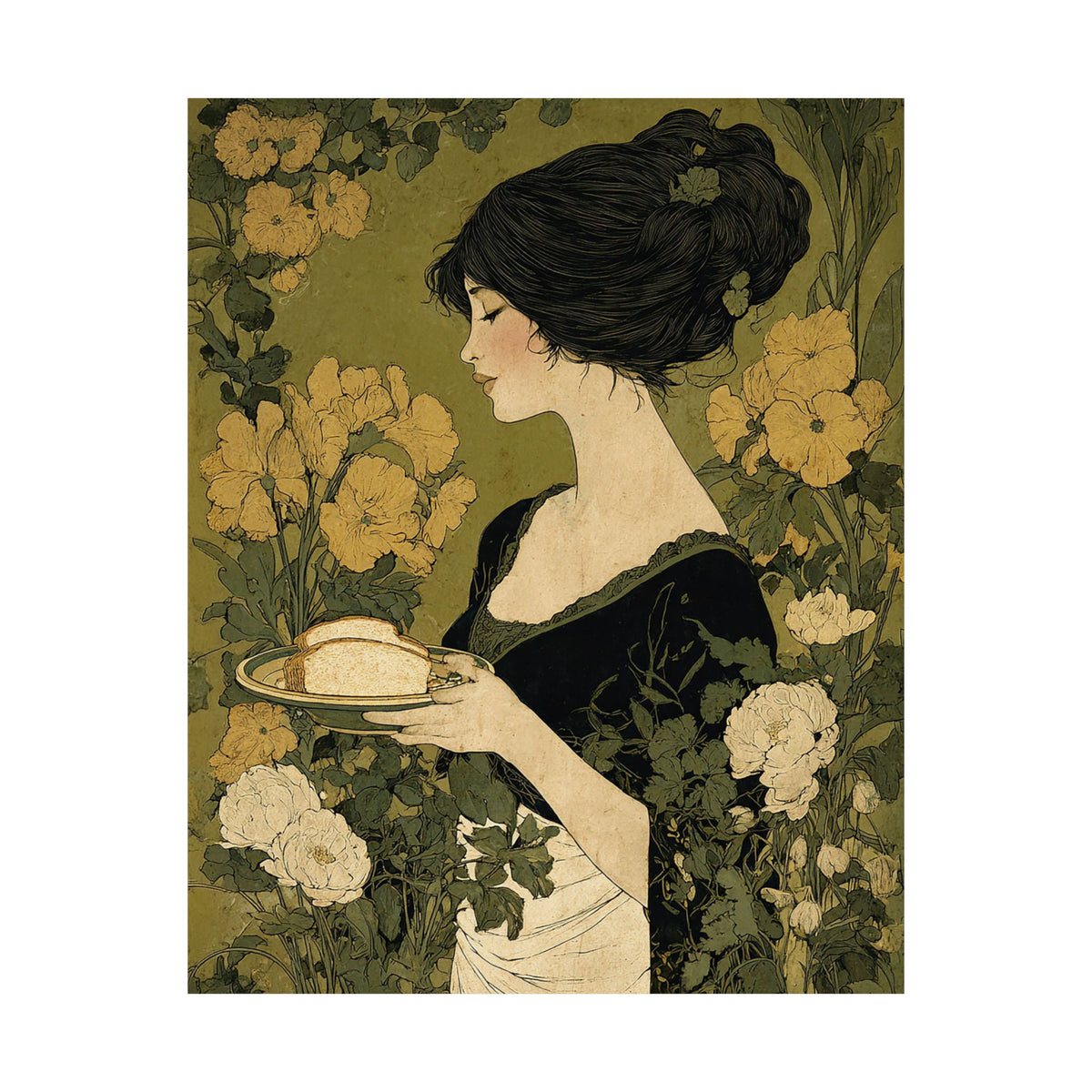 Art Nouveau Lady with Marigolds Matte Vertical Poster | Vintage Floral Portrait