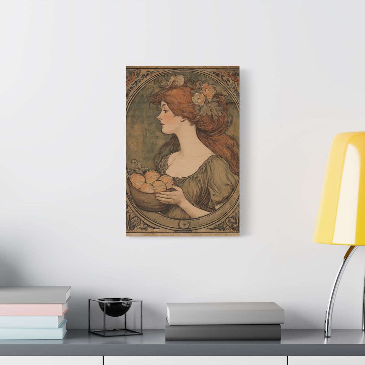 Vintage Art Nouveau Woman Canvas Print — Floral Portrait Matte Stretched Wall Art