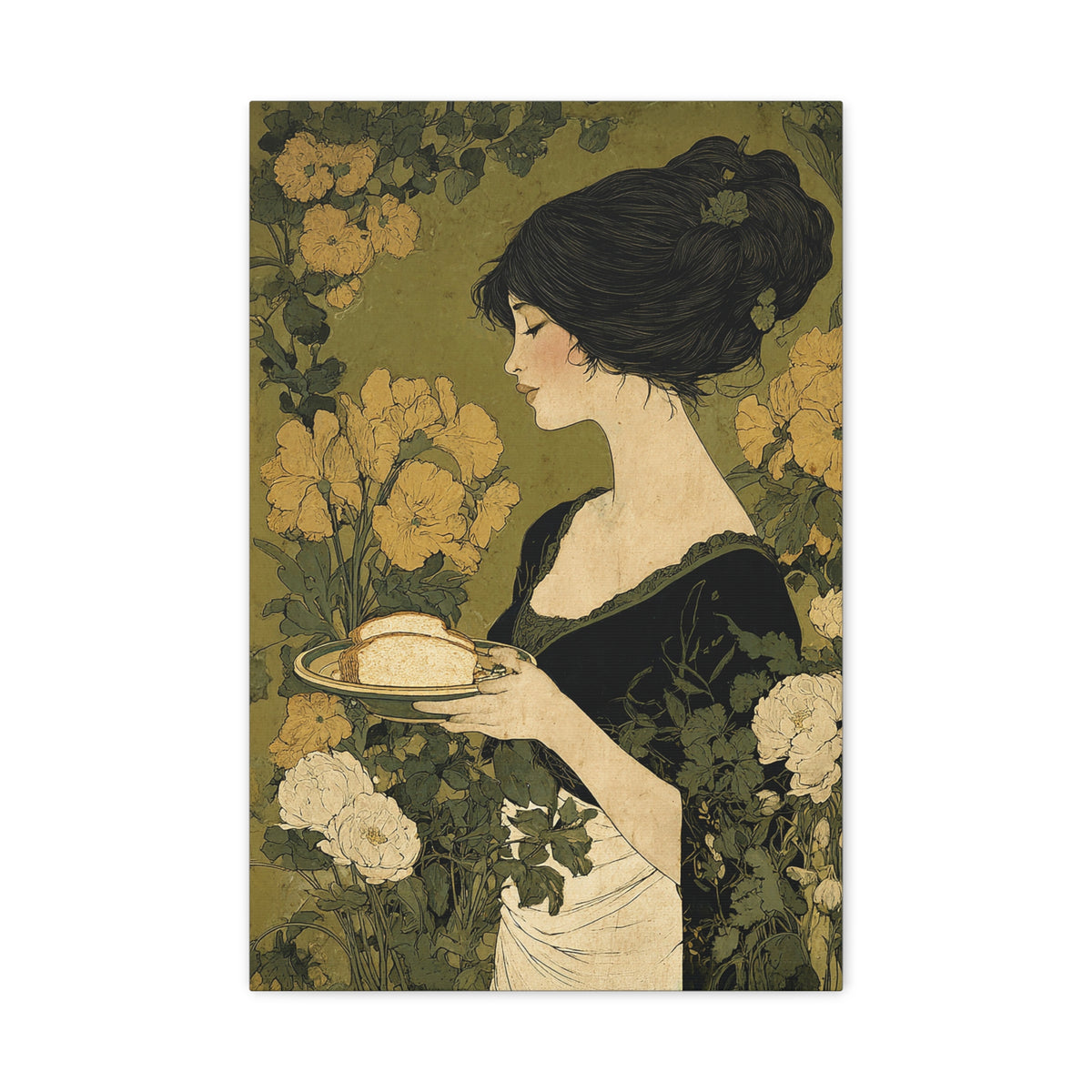 Vintage Art Nouveau Woman Canvas Print — Floral Portrait Matte Stretched Wall Art