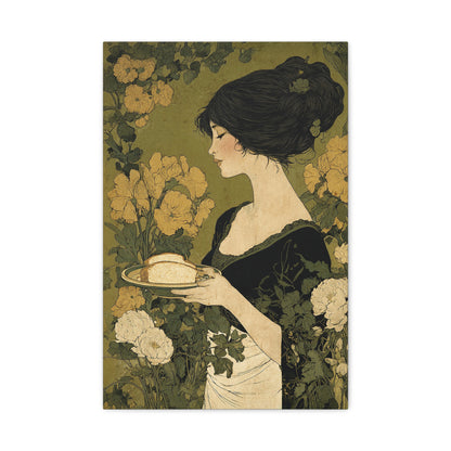 Vintage Art Nouveau Woman Canvas Print — Floral Portrait Matte Stretched Wall Art