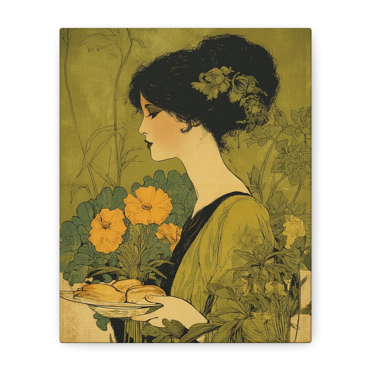 Vintage Art Nouveau Woman Canvas Print — Floral Portrait Matte Stretched Wall Art