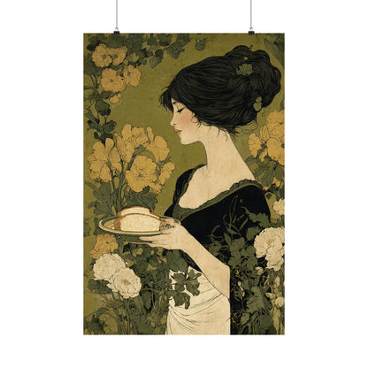 Art Nouveau Lady with Marigolds Matte Vertical Poster | Vintage Floral Portrait