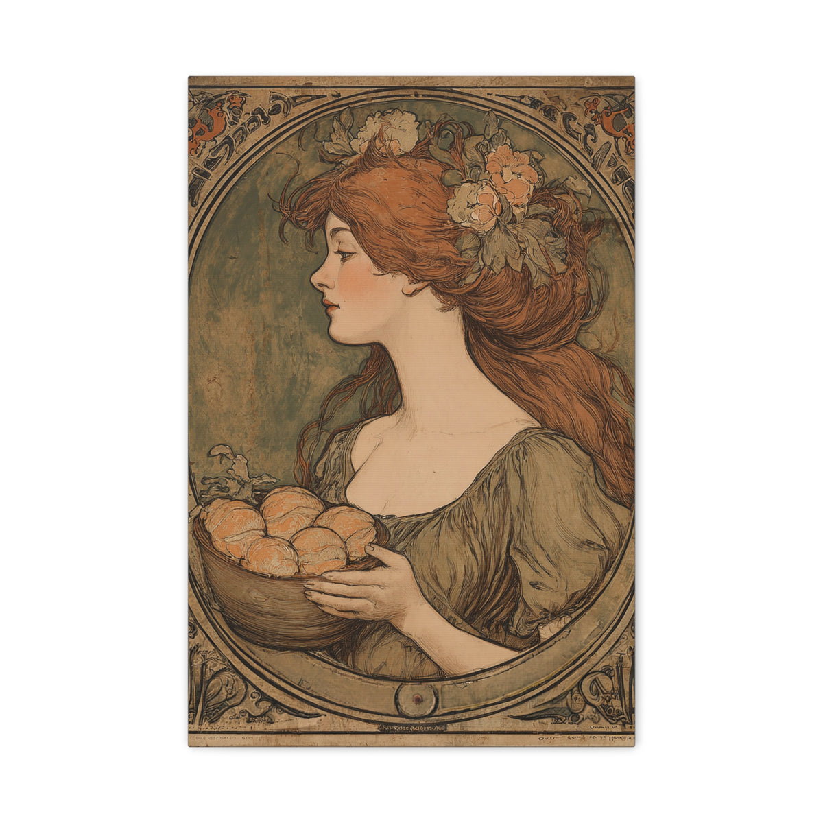 Vintage Art Nouveau Woman Canvas Print — Floral Portrait Matte Stretched Wall Art