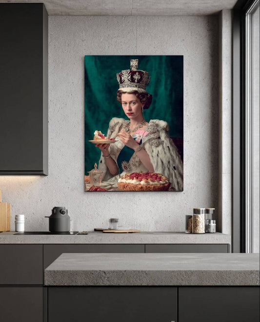 A vertical canvas wall art print depicting Queen Elizabeth wearing a crown and fur-trimmed clothing, shown hanging on a gray kitchen wall above a dark countertop. The print is branded with 'lemon baumArt Kitchen Wall Art' text at the bottom right.