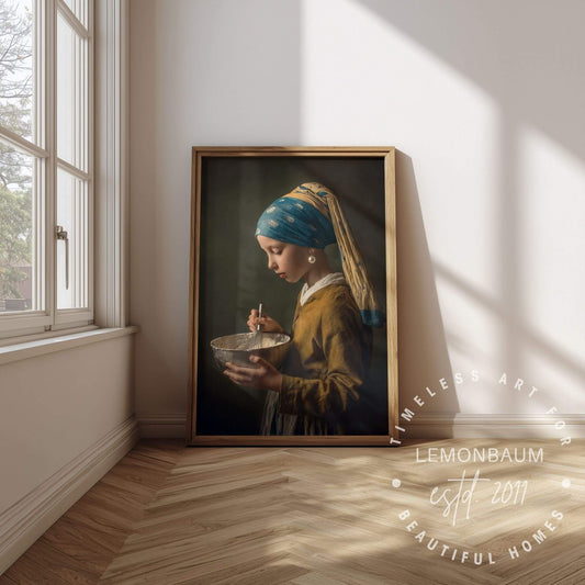 Old-master-inspired kitchen portrait of a young woman preparing food in a softly lit historical interior.