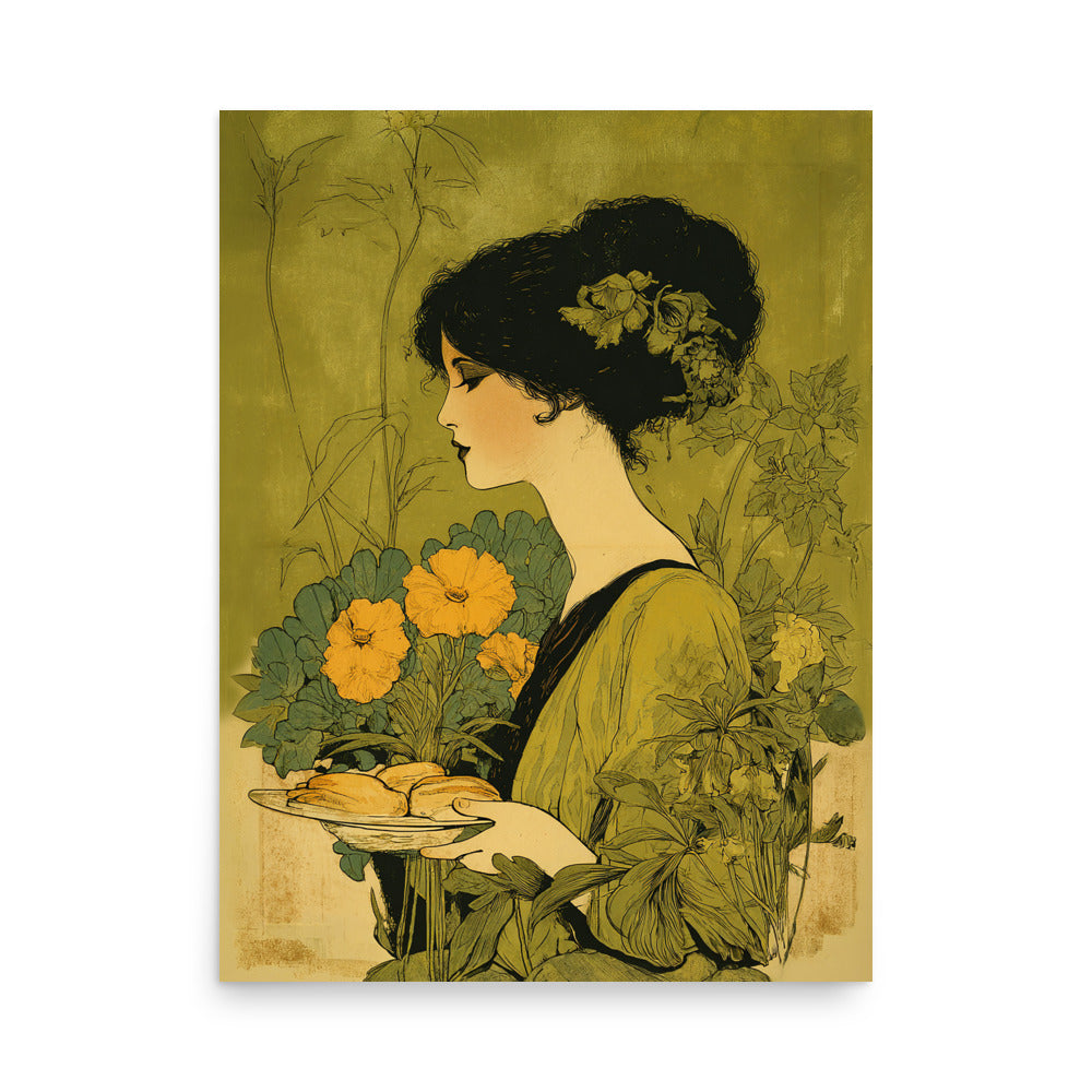 Art Nouveau-style illustration of a dark-haired woman in an olive dress holding a plate of bread, vintage baking glamour kitchen wall art
