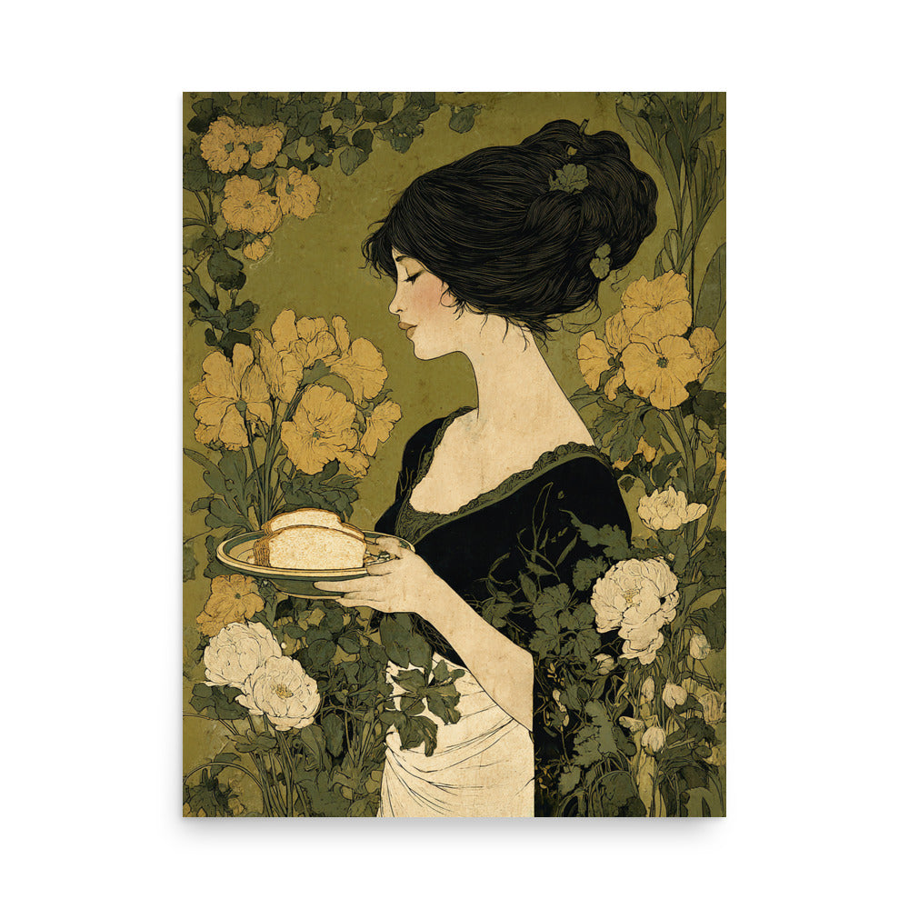 Art Nouveau illustration of a woman in a black dress holding sliced bread among roses, vintage baking glamour wall art