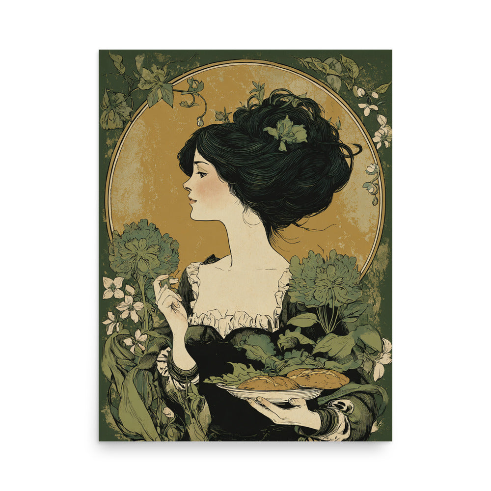 Art Nouveau oval-framed portrait of a woman holding bread and a flower, gold vintage baking glamour kitchen art