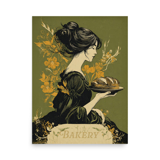 Art Nouveau illustration of a redheaded woman holding a bowl of fruit and wheat under a starry teal sky, baking glamour kitchen wall art with a text "BAKERY"