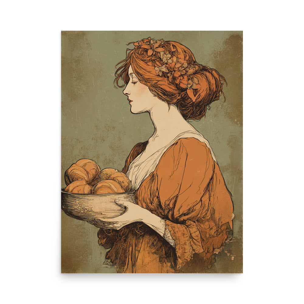 Art Nouveau baker portrait in rust dress with floral crown holding bread, sage green background, vintage kitchen wall art