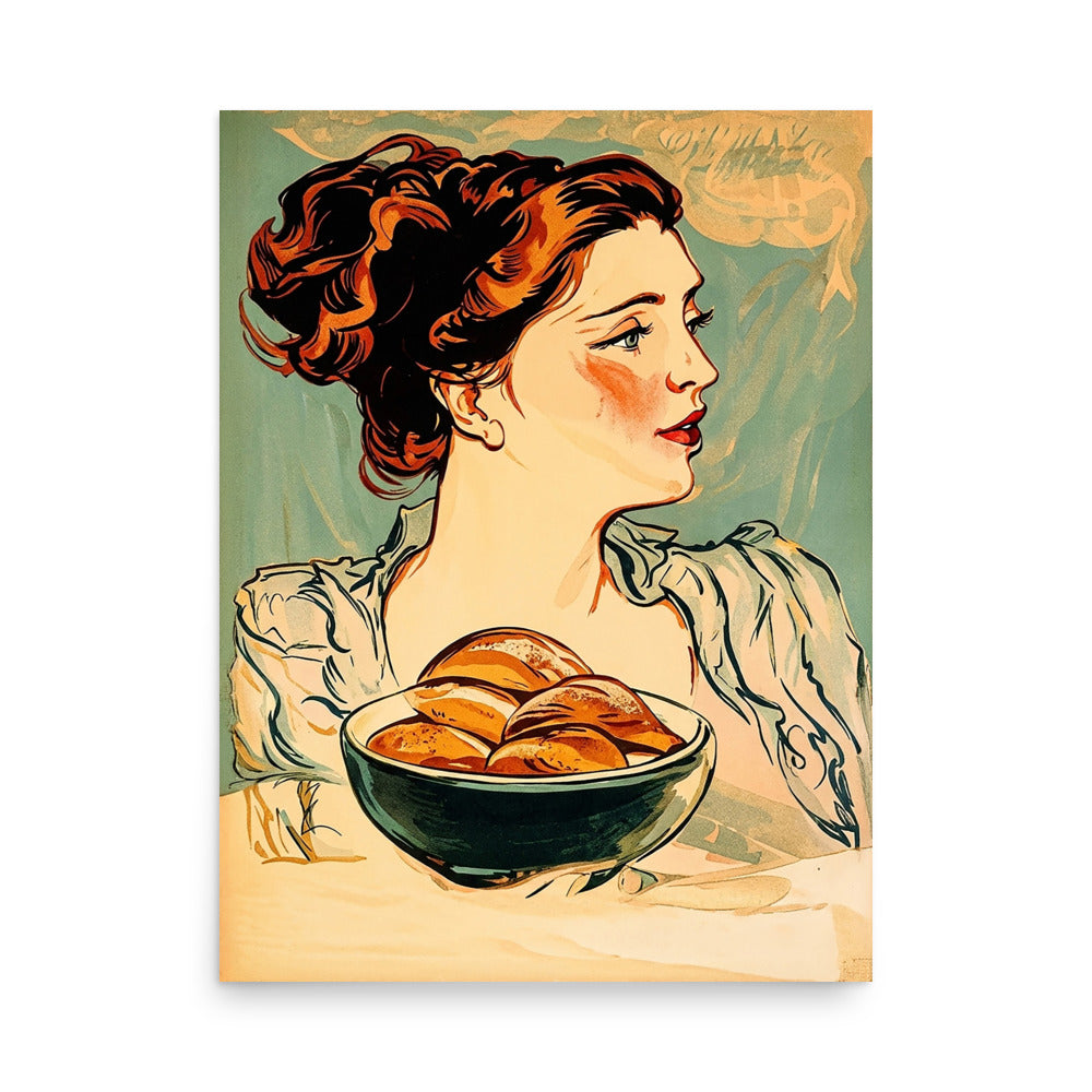 Illustrated portrait of an auburn-haired woman holding a bowl of bread rolls, pale green background, baking glamour kitchen wall art