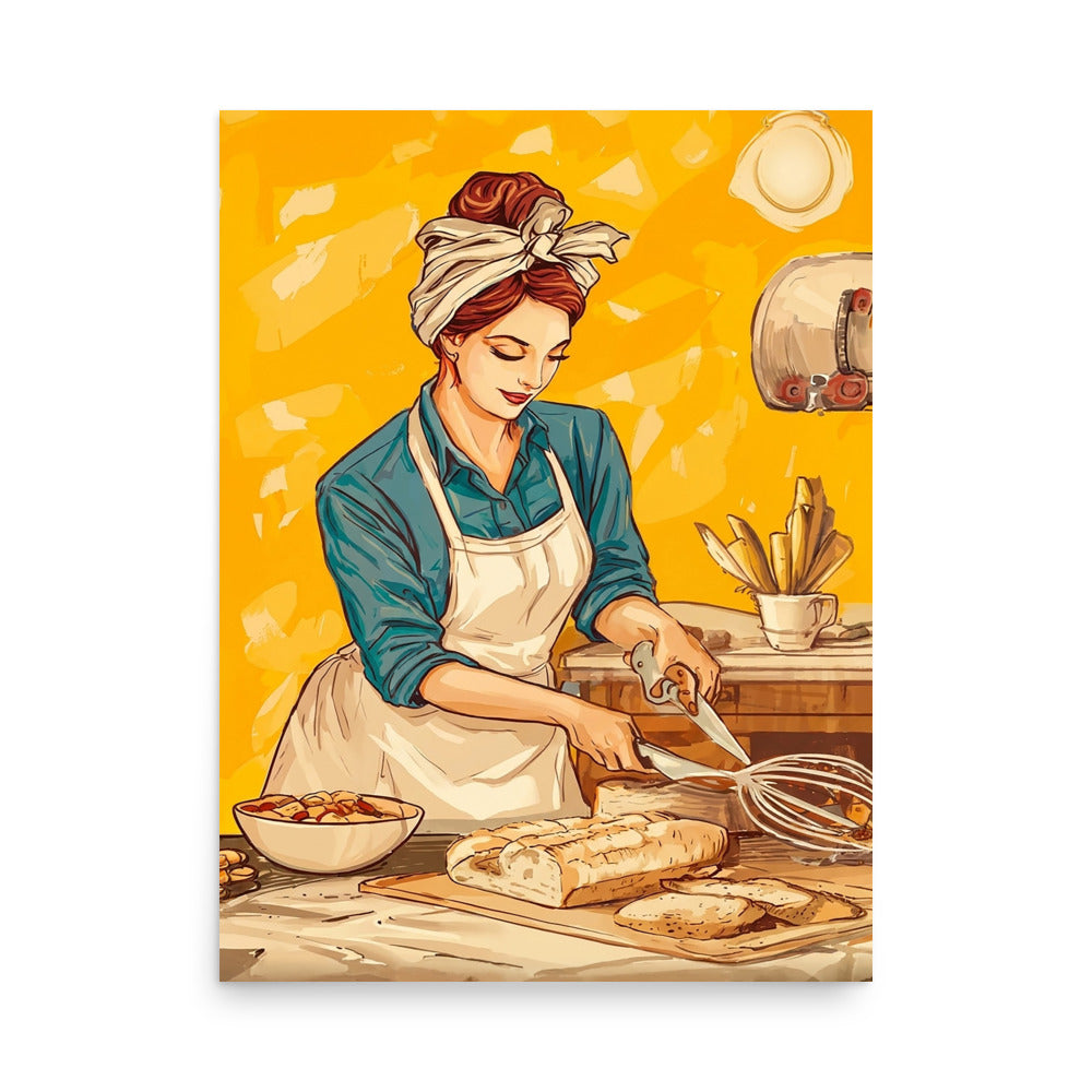 Illustrated kitchen scene of a woman in a headscarf slicing fresh bread, warm yellow background, baking wall art