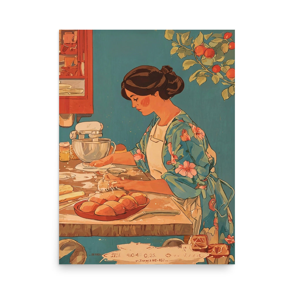 Illustrated kitchen scene of a woman kneading bread dough at a counter with a stand mixer, teal background, baking wall art